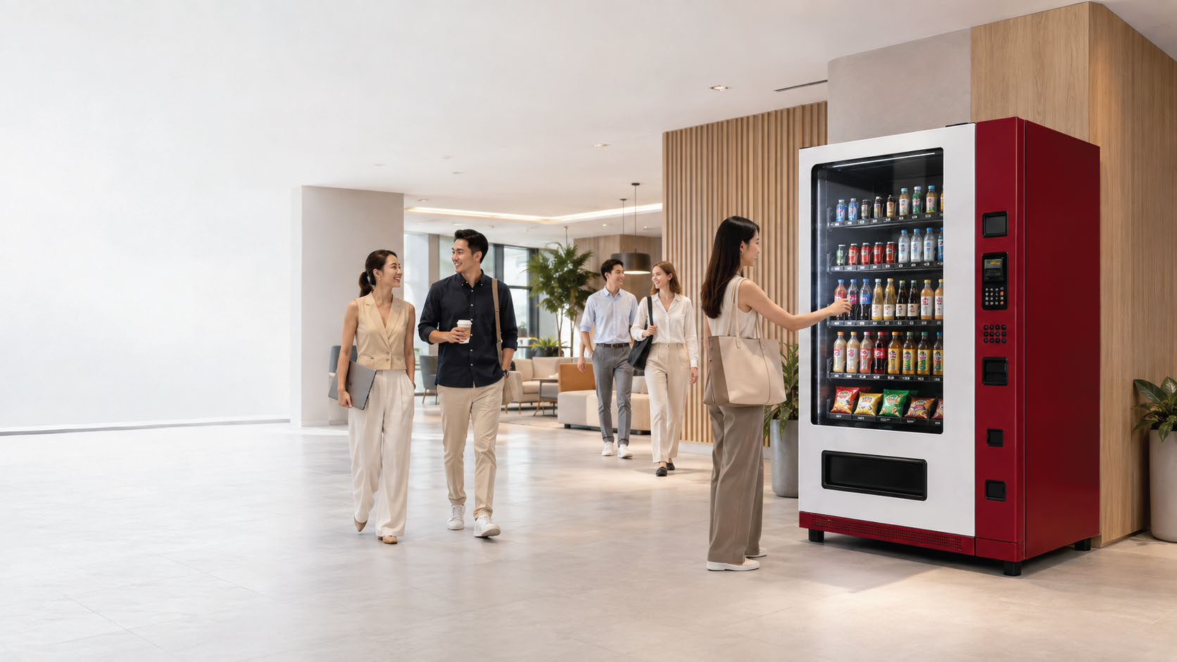 ทีมพนักงานเดินผ่านตู้ Smart Vending สีแดงในพื้นที่สำนักงาน